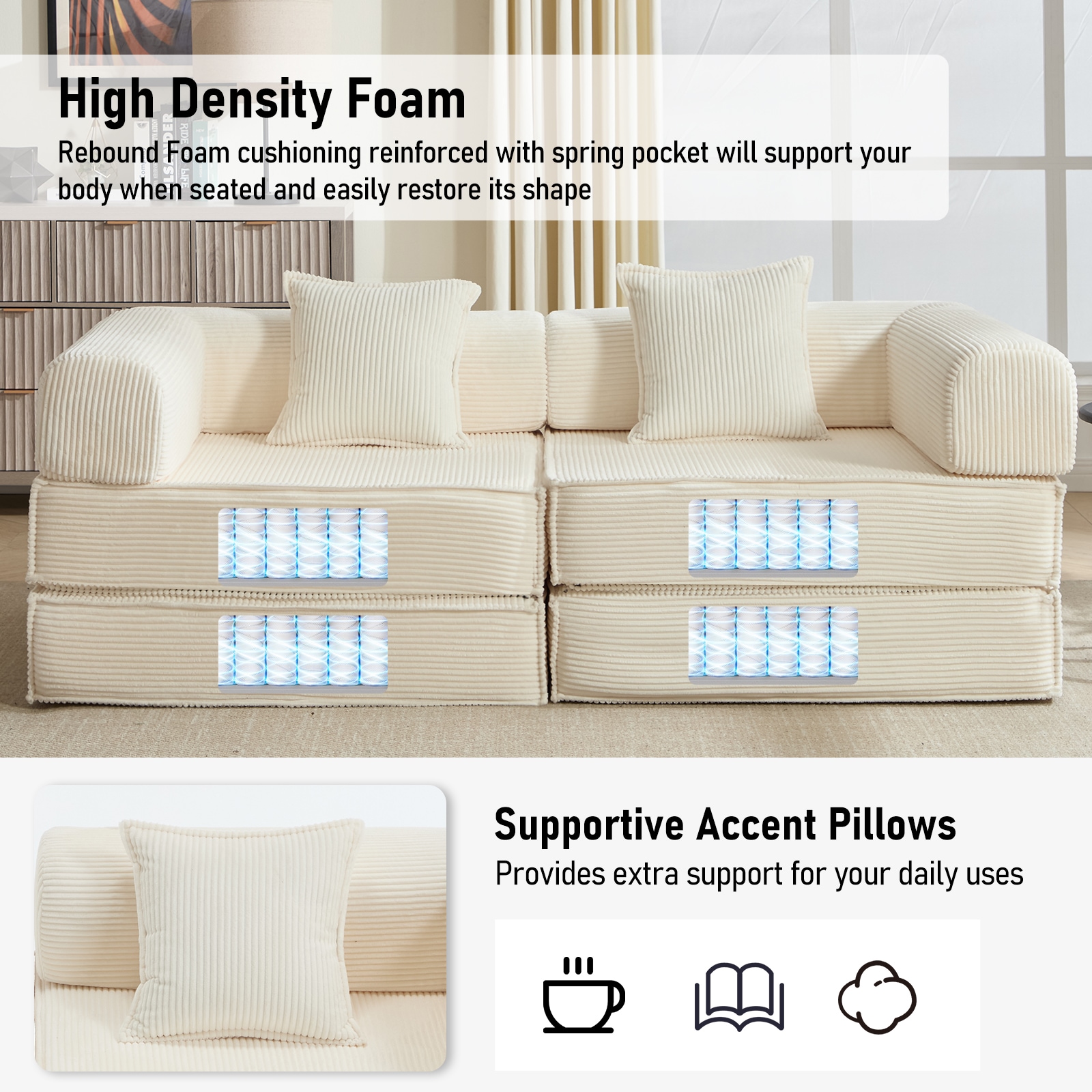 Convertible Sleeper Sofa Bed In Beige With Corduroy Fabric_voghion.com